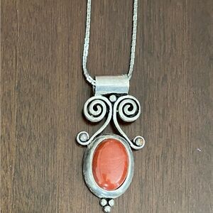 Silver and Coral Pendant Necklace